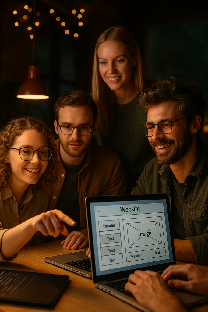 Ομάδα νέων επαγγελματιών συνεργάζεται για τον σχεδιασμό ιστοσελίδας σε laptop